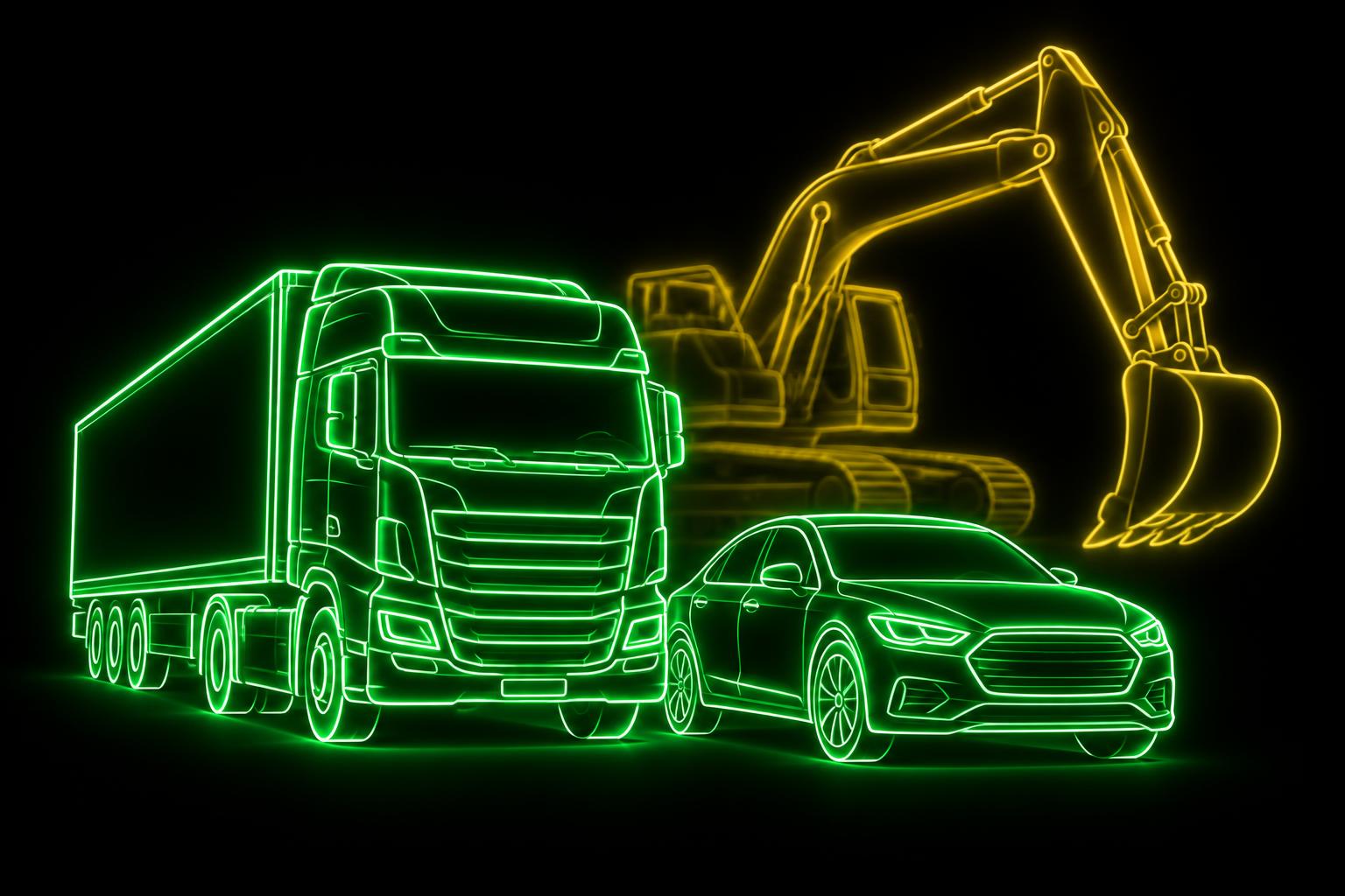 Neonowe logo: ciężarówka, samochód osobowy i koparka